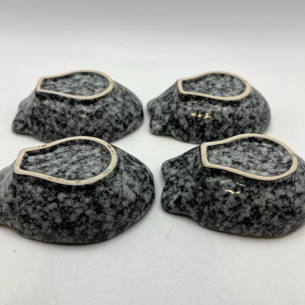 Set of 4 Grey Stone Ceramic Fish Shaped Dipping Dishes Sauce Bowls Fin Scoops